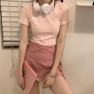 Set: Short Sleeve T-shirt + Lace-up Plaid Skort