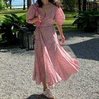 Puff-sleeve Flower Print Midi A-line Dress Pink - One Size
