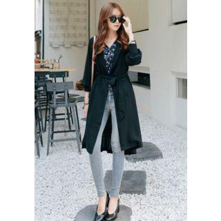 Double-breasted Pleated-back Coat With Sash