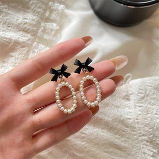 Bow Faux Pearl Dangle Earring 1 Pair - Black & White - One Size