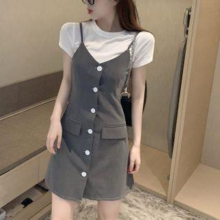 Short-sleeve Cropped Blazer / Spaghetti Strap A-line Dress