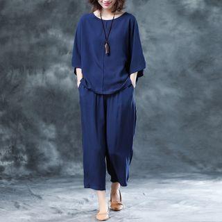 Set: Elbow-sleeve Plain Top + Wide-leg Cropped Pants