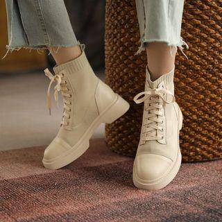 Genuine Leather Knit Panel Platform Lace-up Ankle Boots