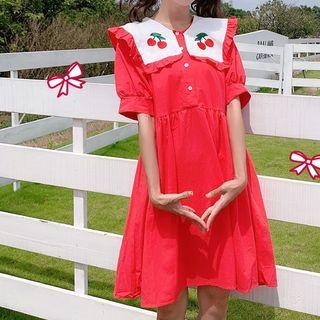 Elbow-sleeve Cherry Detail Dress