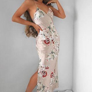 Spaghetti Strap V-neck Floral Print Slit Midi Dress