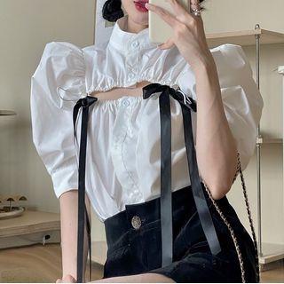 Puff-sleeve Cut-out Ribbon Shirt