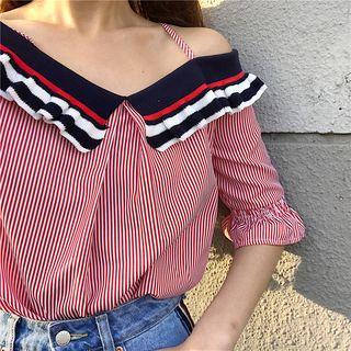 Off-shoulder Striped Bell-sleeve Blouse