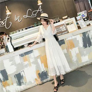 3/4-sleeve Crochet Lace Panel Fringed Midi Sundress