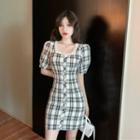 Plaid Short-sleeve Square-neck Mini Bodycon Dress