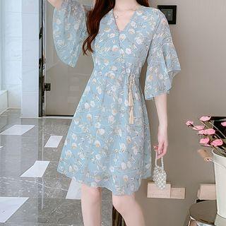 Elbow-sleeve Floral Print Chiffon Mini Dress