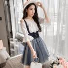 Set: Off-shoulder A-line Dress + Mesh Jumper Skirt