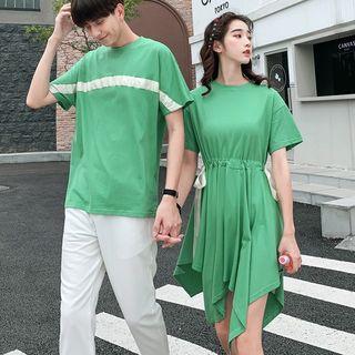 Couple Matching Color Block Short-sleeve T-shirt / Drawstring T-shirt Dress