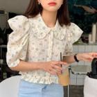 Puff-sleeve Flower Print Blouse Floral - White - One Size