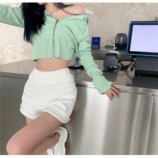 Plain Cropped Hooded Jacket / Plain Shorts