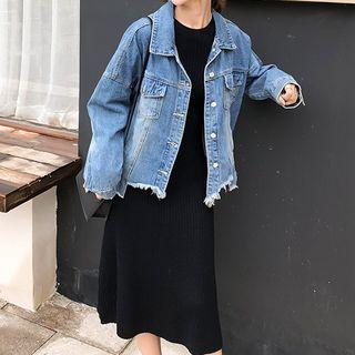 Fringed Denim Jacket / Long-sleeve Midi A-line Knit Dress