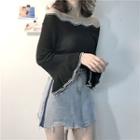 Scallop Trim Off Shoulder Long Sleeve Knit T-shirt