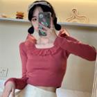 Long-sleeve Mesh Frill Trim Crop Top Bean Red - One Size