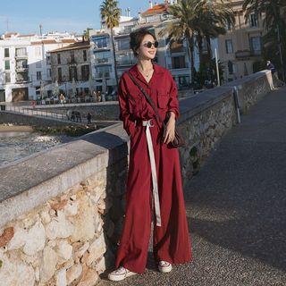 Long-sleeve Plain Tie-waist Jumpsuit