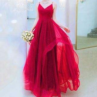 Sequined Spaghetti Strap A-lin Evening Gown