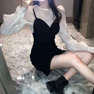 Set: Balloon-sleeve Blouse + Spaghetti-strap Dress