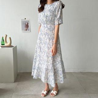 Shirred Floral Long Dress
