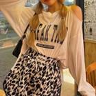 Long-sleeve Lettering Cold-shoulder T-shirt / Leopard Print Shorts