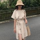 Set: Crew-neck Short-sleeve T-shirt Dress + Side Tie A-line Skirt