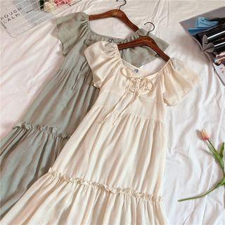Short-sleeve Drawstring Midi Dress Almond - One Size