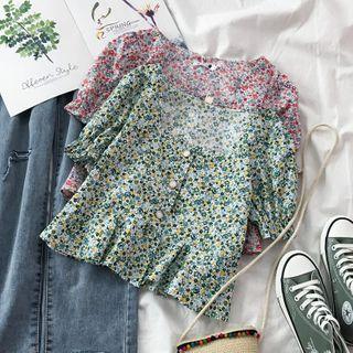 Short-sleeve Floral Print Buttoned Crop Top