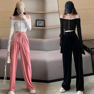 Off-shoulder Long-sleeve Crop Top / Wide-leg Pants