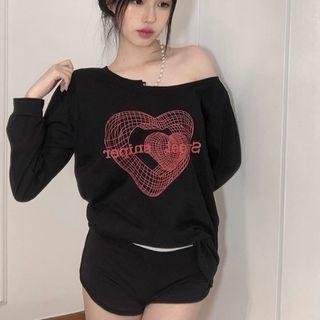 Long-sleeve Faux Pearl Chain One-shoulder Print T-shirt