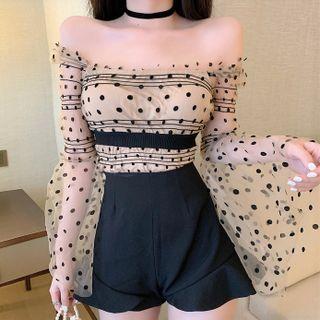 Off-shoulder Dotted Blouse Cream Coffee - One Size