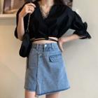 Puff-sleeve Crop Top / Irregular Denim Mini Skort