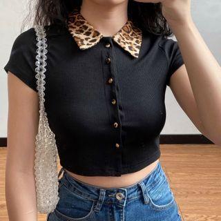 Leopard Print Panel Collared Short-sleeve T-shirt