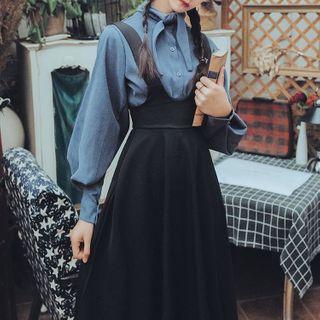 Set: Long-sleeve Blouse+ Midi A-line Pinafore Dress