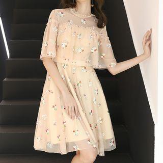 Elbow-sleeve Floral Sequined Cocktail Dress