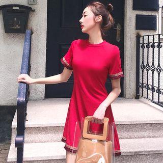 Short-sleeve Contrast-trim Fringed Mini A-line Dress