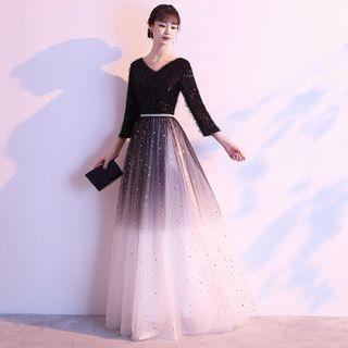 Long Sleeve Sequined Gradient A-line Evening Gown