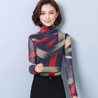 Long-sleeve Mesh Panel Printed Top