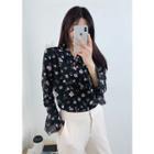 Tall Size Tie-neck Cherry-blossom Print Blouse