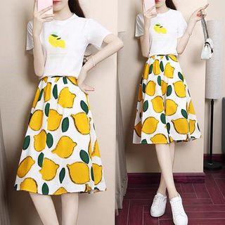 Set: Lemon Print Short-sleeve T-shirt + A-line Skirt