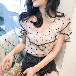 Contrast Lace Trim V-neck Dotted Ruffled Top