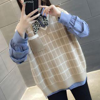 Set: Plain Shirt + Plaid V-neck Knit Vest