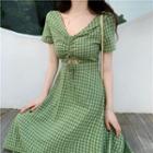 Plaid Short-sleeve Dress Green - One Size