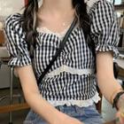 Puff-sleeve Check Eyelet Lace Trim Crop Top Gingham - Black & White - One Size