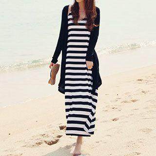 Set: Cutout-back Cardigan + Striped Dress