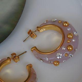 Rhinestone Hook Earring 1 Pair - Gold & Light Pink - One Size