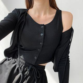 Set: Button-down Crop Tank Top + Tie-front Light Cardigan