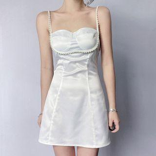 Faux Pearl Accent Strappy Mini A-line Dress