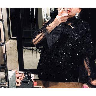 Set: Elbow-sleeve Sequined Sweater + Long-sleeve Mesh Top